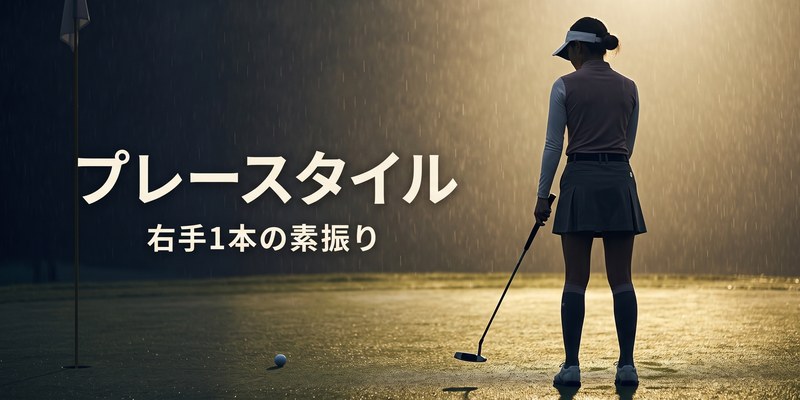 雨のグリーンでパットを打ち終えた女子ゴルファーのシルエット