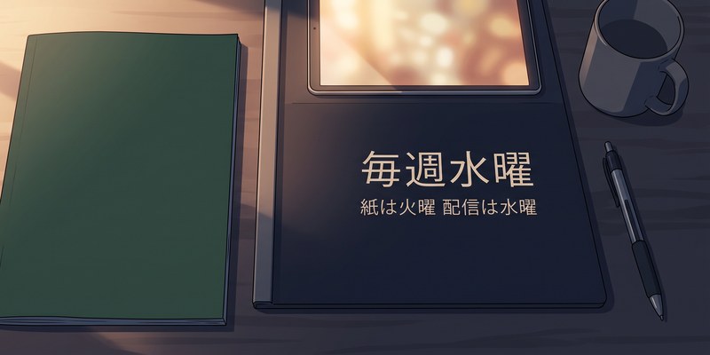 机の上に置かれた雑誌とタブレットの対比