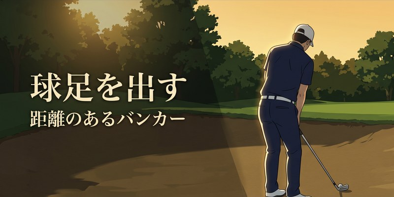 夕景のバンカーで構えるゴルファーの後ろ姿