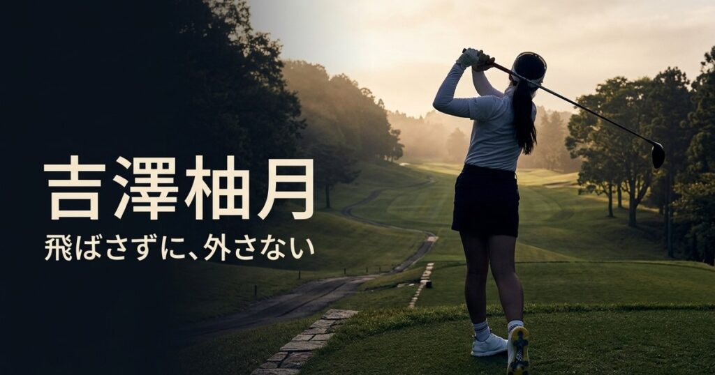 夕暮れのティーグラウンドでフォロースルーを終えた女子ゴルファーの後ろ姿と、吉澤柚月選手の名前が入ったアイキャッチ