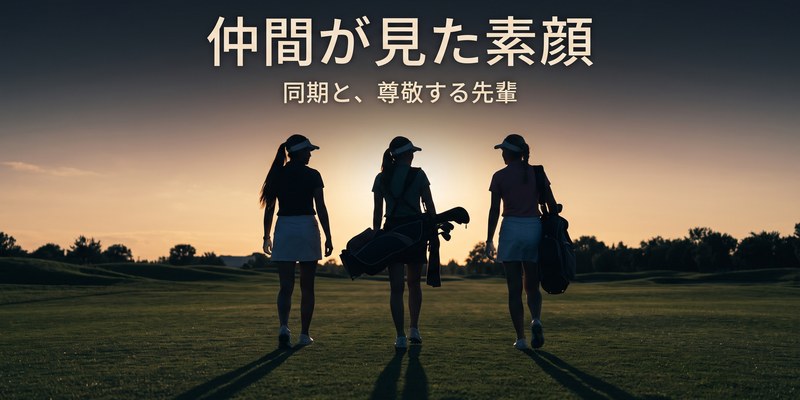 夕暮れのフェアウェイを並んで歩く3人の女子ゴルファーのシルエット