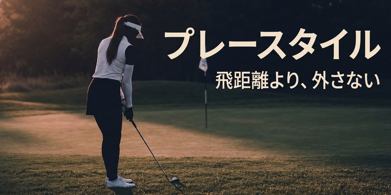 夕暮れのグリーン手前でアプローチを構える女子ゴルファーの後ろ姿