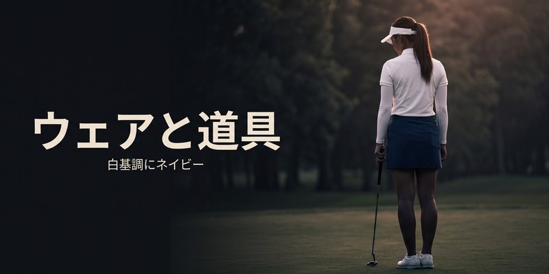 白のポロとネイビーのスコートを着てパターを持つ女子ゴルファーの後ろ姿