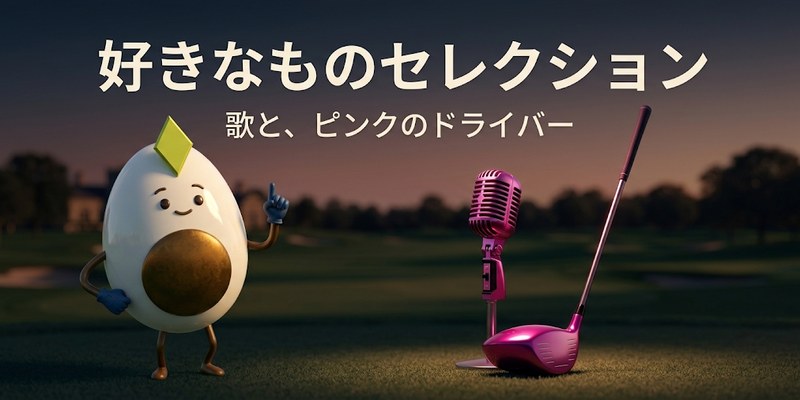 ピンクのスタンドマイクとピンクのドライバーの横で、指を立てて説明するマスコットのイラスト(好きなものセレクション)