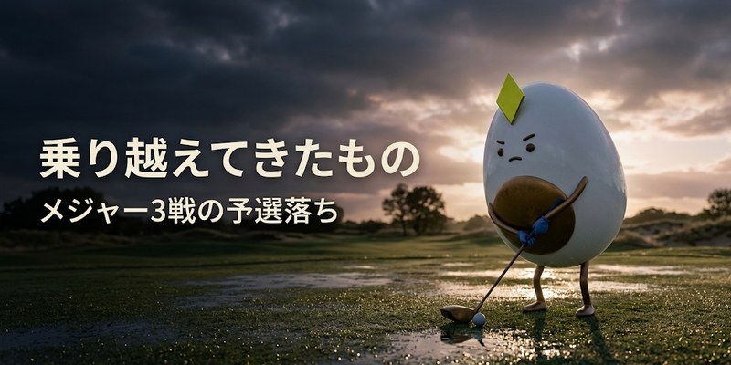 雨上がりのコースでアドレスを取り、真剣な表情で集中するマスコットのイラスト(乗り越えてきたもの)