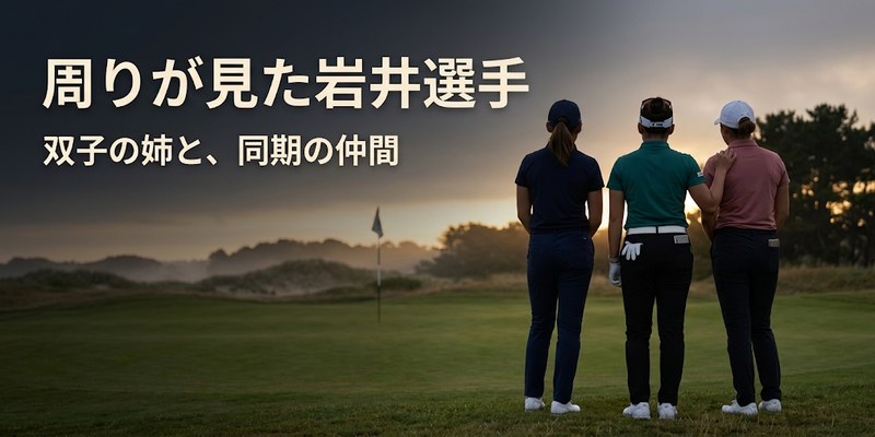 18番グリーンのそばに並んで仲間を見守る女子ゴルファーたちのシルエット(周りが見た岩井選手)