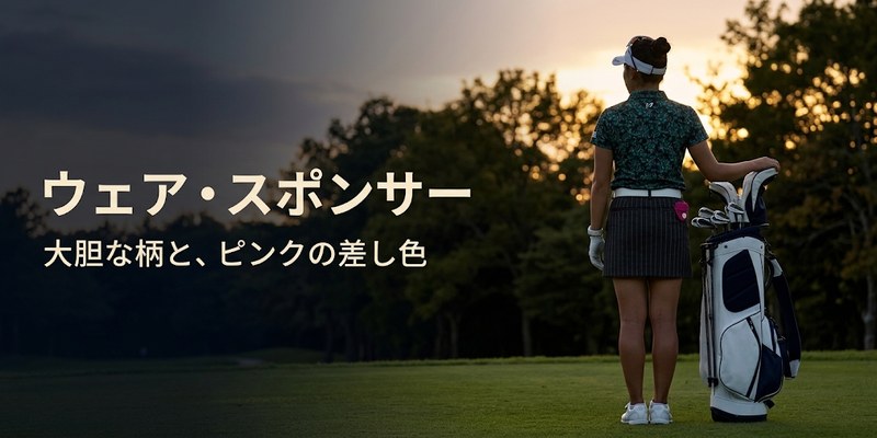大胆な柄のポロと白いシューズをそろえ、キャディバッグの横に立つ女子ゴルファーの後ろ姿(ウェア・スポンサー)