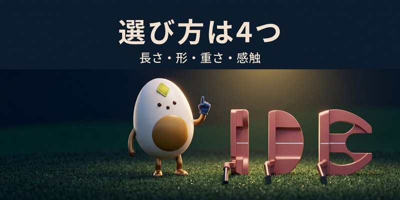 マスコットが指を立てて、ピン型・マレット・ネオマレットのパターヘッドを紹介する画像