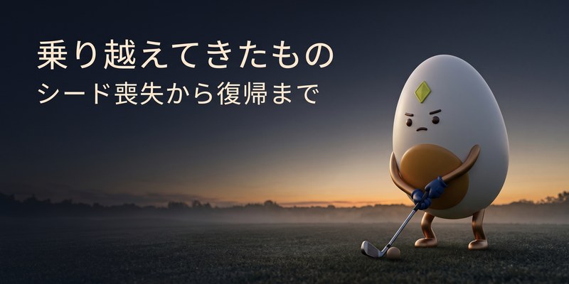 夜明け前のコースでアドレスを取り、真剣な表情で集中するマスコットのイラスト